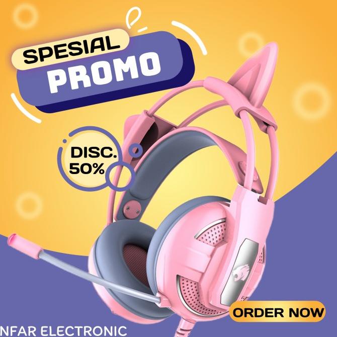 Headset Gaming Pink Cat Ear Headphone Gaming Telinga Kucing Cute Lucu