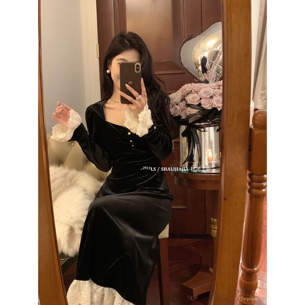 LS SHALIJIAJIAGuangzhou Thirteen Lines Women's New French Style Temperament Vintage Velvet Annual Pa