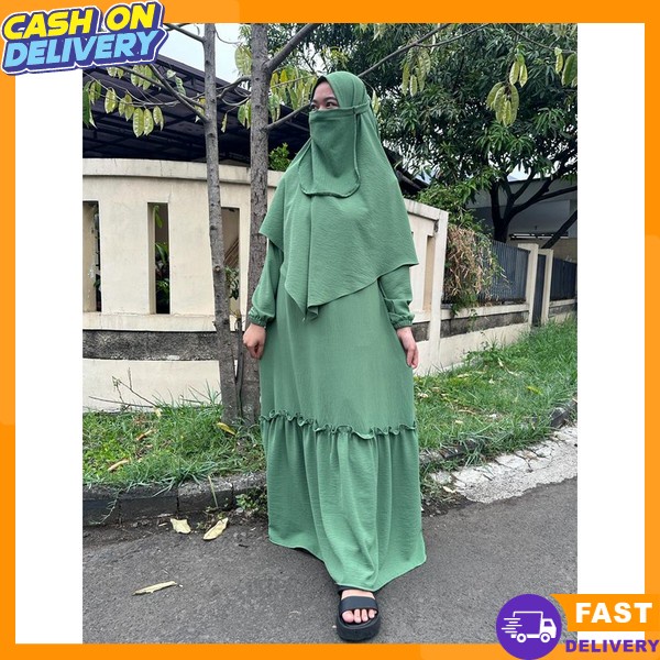 Gamis Satu Setelan Gamis Wanita Set Gamus Polos Remaja Gamid Kerudung Syar'I Bsju Kondangan Dres Kor
