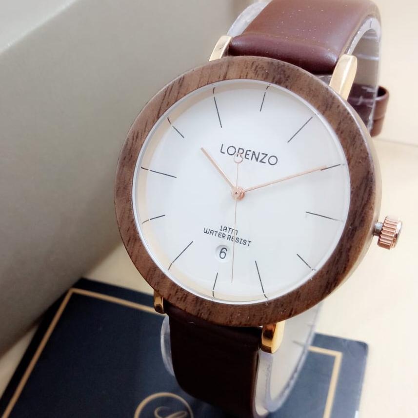 Lorenzo 1049 - Jam Tangan Wanita Anti Air - Tali Kulit - Analog Quartz - Design Kayu -