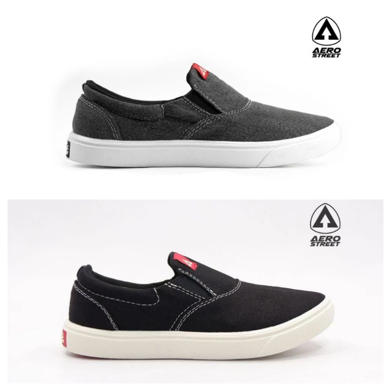 Aerostreet 37-44 Comfy Putih Hitam putih denim tanpa tali - Sepatu Slip On Pria Wanita