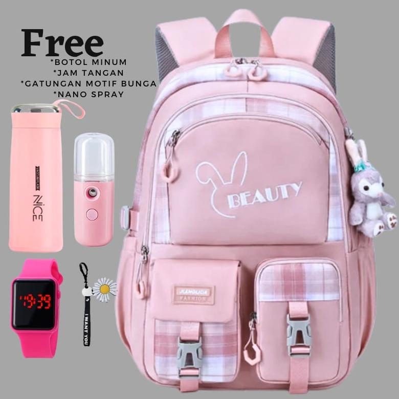 LARIS Tas Ransel BEAUTY Terbaru Backpak Sekolah Free Botol Minum Free Jam tangan Free Nano spray Tas