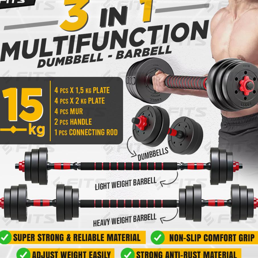 Sfidn Fits 3 In 1 Adjustable 15Kg Dumbell Barbel Dumbbell Barbell Set