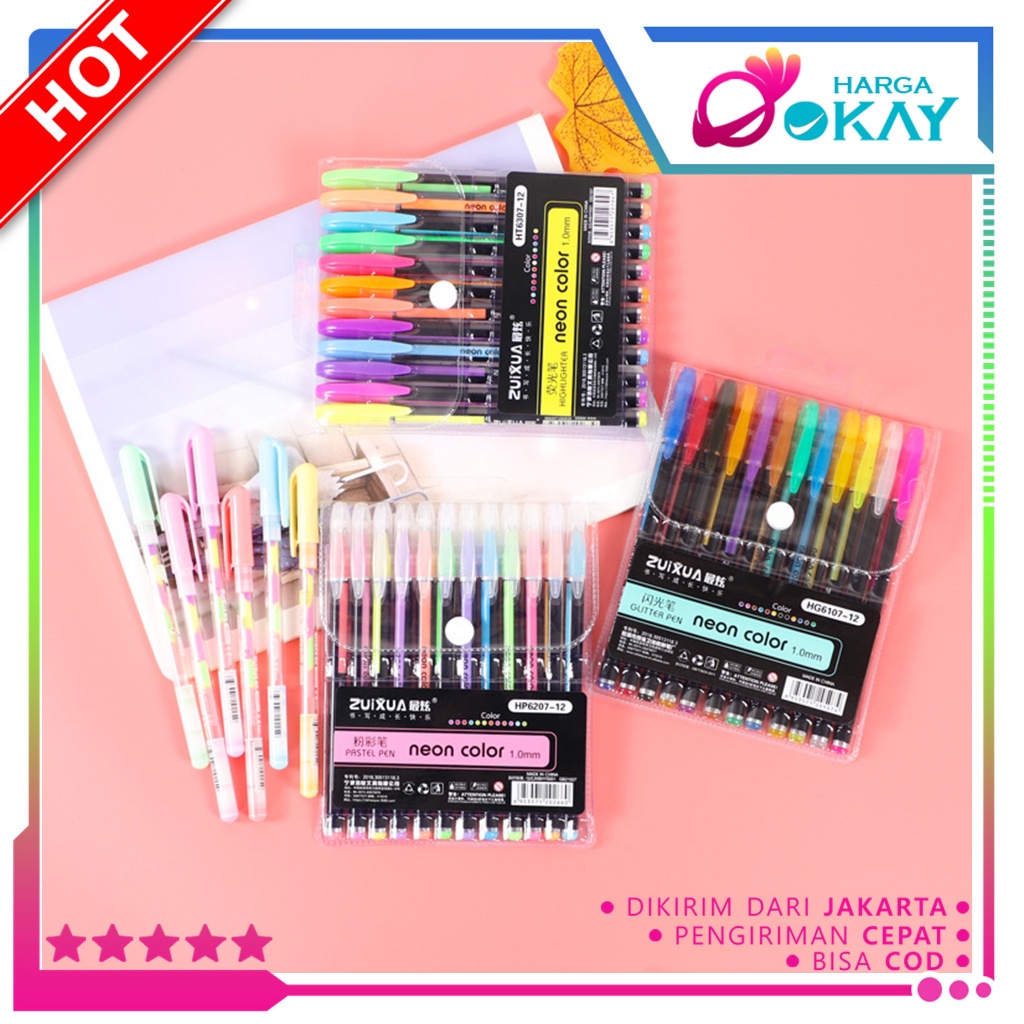 

HO Highlighter Penanda Buku Warna Warni Ujung Lembut Pena Glitter Metalik 1.0mm Isi 12pcs Pulpen Warna Warni Tinta Pastel Neon Color Pen Pastel Ballpoint Craftwork Scrapbook Gel Ink