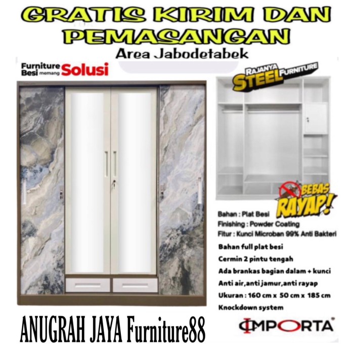 LEMARI PAKAIAN BESI 3 PINTU & 4 PINTU SLIDING IMPORT LEMARI BAJU BESI