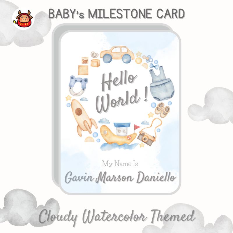 [BABY'S NEEDS] Baby Milestone Card Premium Design Watercolored Baby Boy Cloudy themed Kartu Selfie