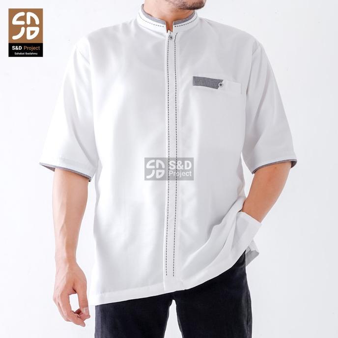 Baju Koko Poli Katun Lengan Pendek Bordir Putih Tulang Dewasa Remaja