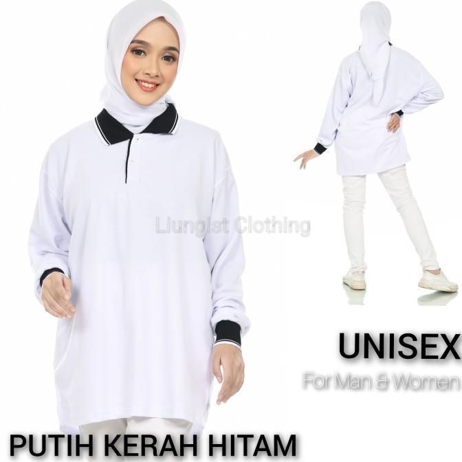 Kaos Polo Panjang Putih Kerah Hitam / Kaos Kerah Panjang / Poloshirt