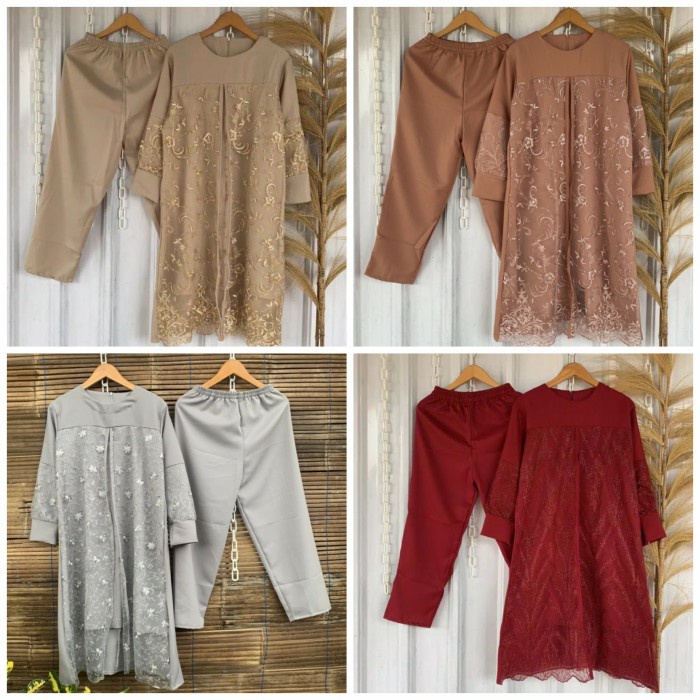 Setelan Gamis Tunik Brukat Renda Baju Rok Celana Wanita Lebaran Pesta Ready