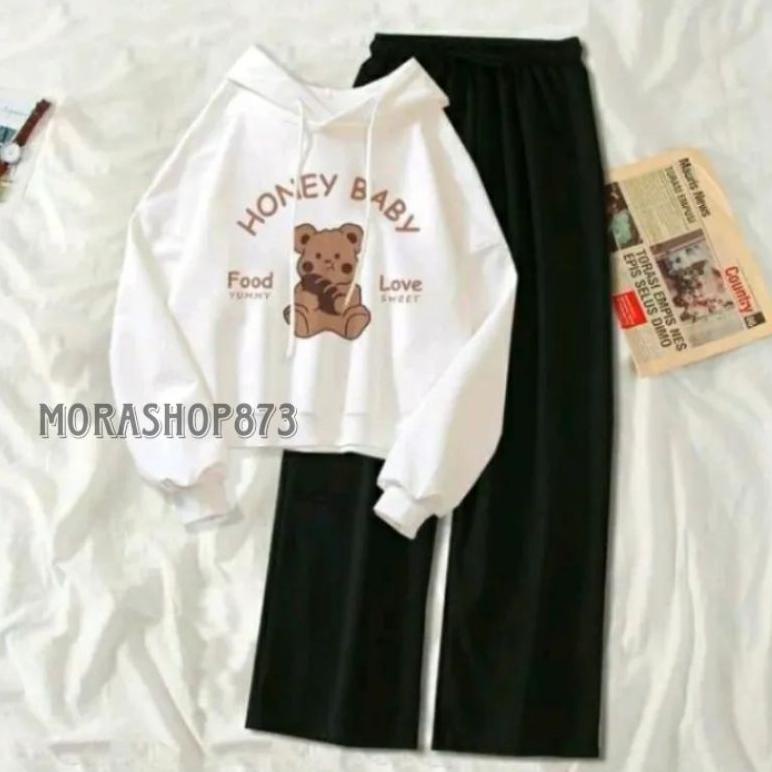 Morashop873 | Setelan Hoodie HONEY BABY | Setelan Sweater Hoodie+Celana Kulot | Setelan Anak Remaja 