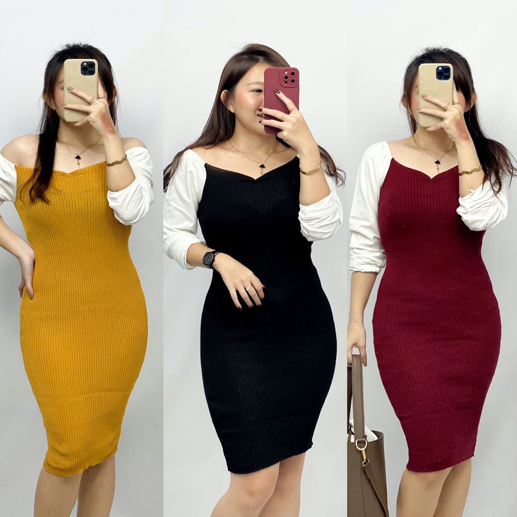 Dress Toyobo Midi: Gaun Pesta Wanita Korean Eropa Style, Warna Marun, Hitam, Mustard, Hijau, Navy - 
