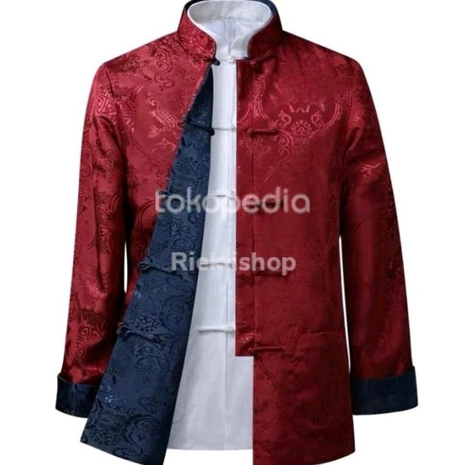 New Sale Cheongsam Qipao Pria Maroon Kuning Navy Bolak Balik Bahan Semi Sutera Original
