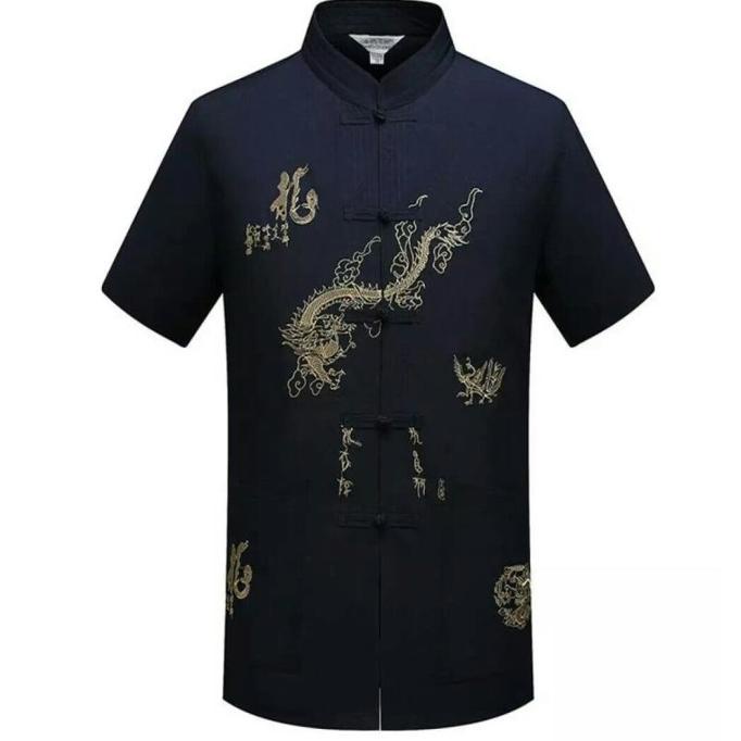 Batik Promo Cheongsam Katun Pria Bordir Naga Lengan Pendek Berkualitas