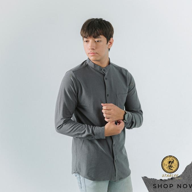 New Kemeja Polos Pria Lengan Panjang Slimfit Kerja Cowok Tanpa Kerah Terbaik