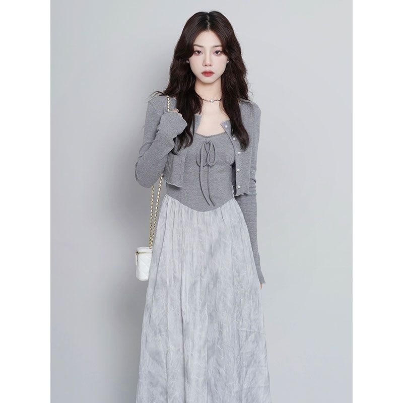 Mori Style Suit Cardigan Suspender Skirt Women's Mid-Length Dress Knitted Material Breathable