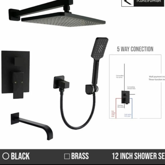 ✅Termurah Kran Tanam Kotak 3 Way Hitam Mixer/Kram Tanam Set Wall Shower 12 Inchi Berkualitas