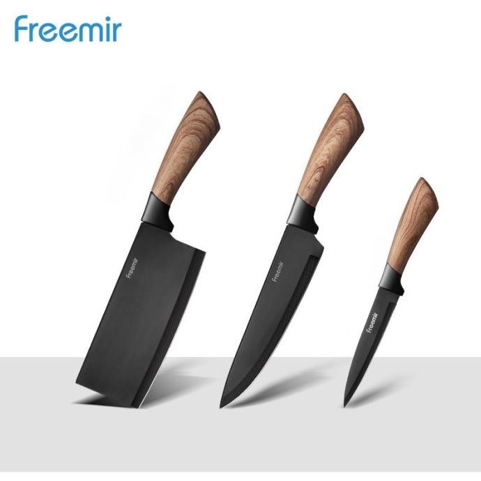 freemir Set Pisau 3 Pcs Pisau Dapur Anti Lengket Gagang Kayu - Hitam