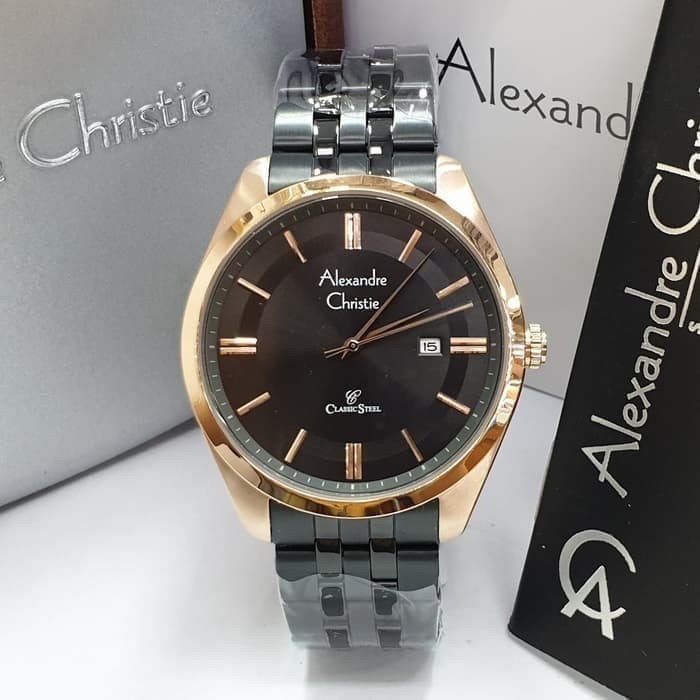 ✅Original Jam Tangan Pria Alexandre Christie Ac8595Md Black Rose Gold Stainless Berkualitas