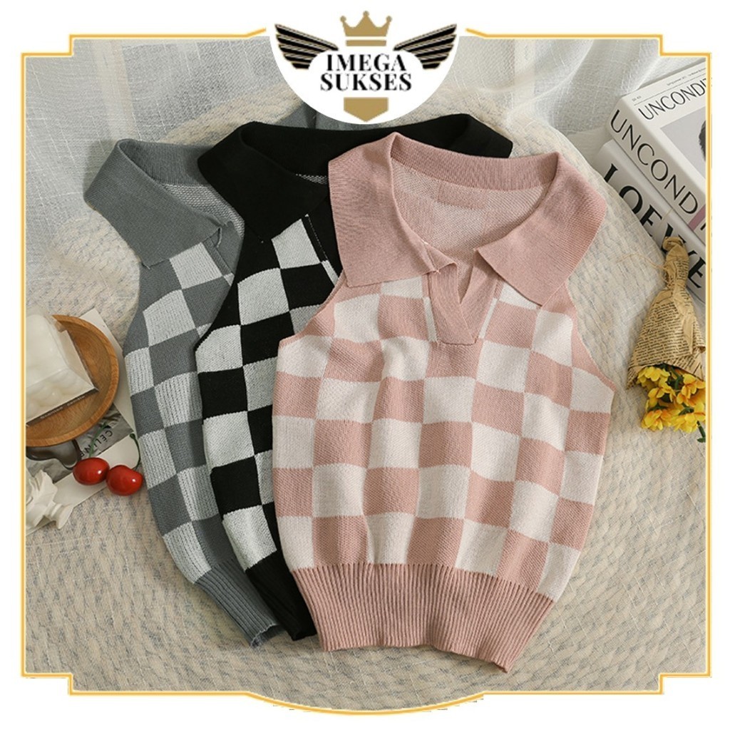 PHG -  Vest Crop Top Rompi  Baju Crop Wanita Korean Diamond Kode 6859  Plaid Knit  Rajut Korea V Nec