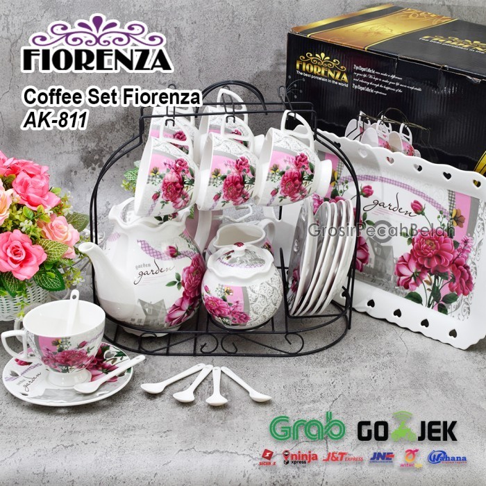 GELAS CANGKIR COFFEE SET KERAMIK RAK MOTIF BUNGA FIORENZA AK-811
