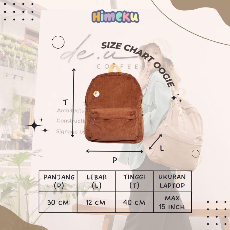 [BEAUTY LR COLLECTION] Himeku OOGIE PIN Backpack Corduroy Tas Ransel Tas Sekolah Tas Gendong