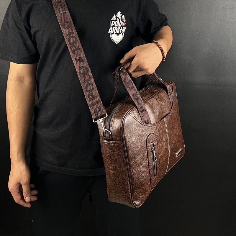 TAS LAPTOP KUAT ANTI AIR // Tas Laptop Tas Selempang Kulit PU Leather Polo Amstar 14" Inchi