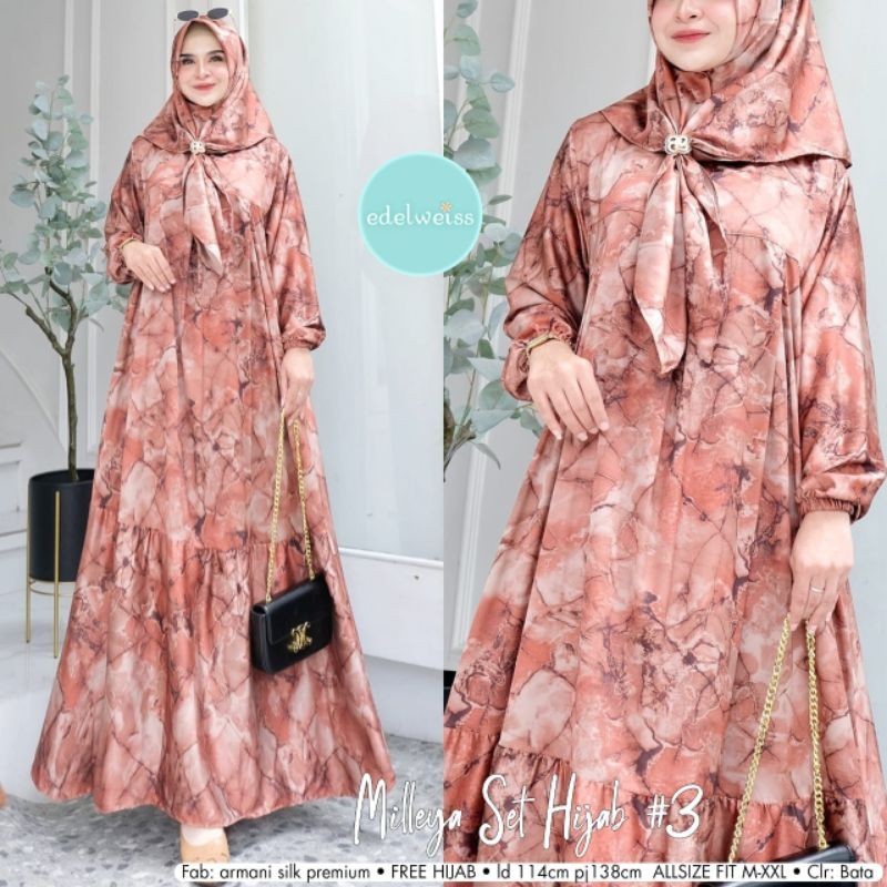Milleya Set Hijab #3 By Edelweiss - Setelan Gamis Jumbo Silk Premium XXL Ld114 Motif Abstrak Free Hi