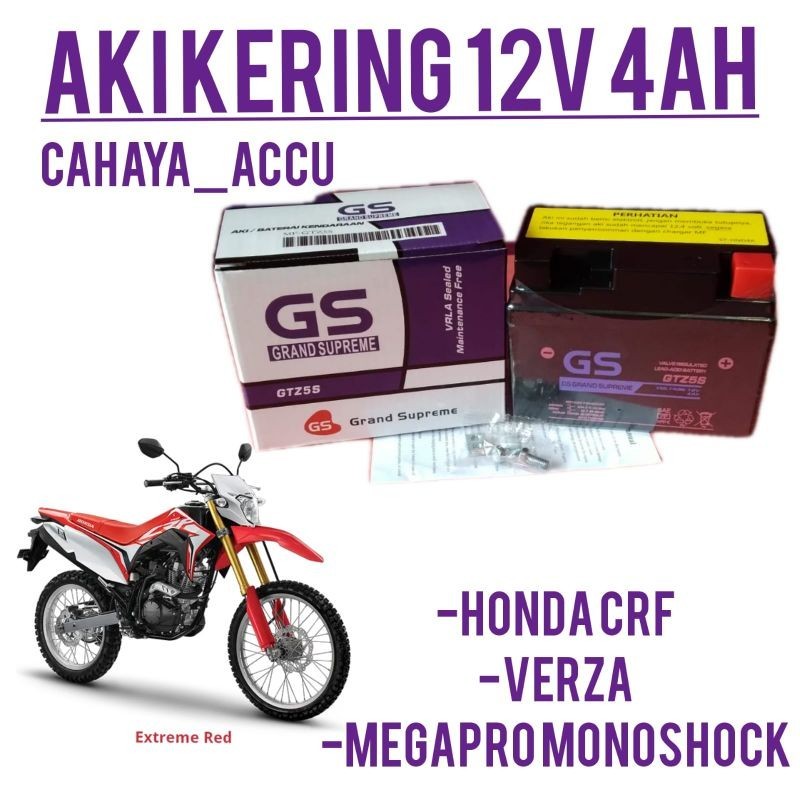 AKI MOTOR HONDA CRF,VERZA MEGAPRO MONOSHOCK AKI KERING GTZ5S 12V 4AH