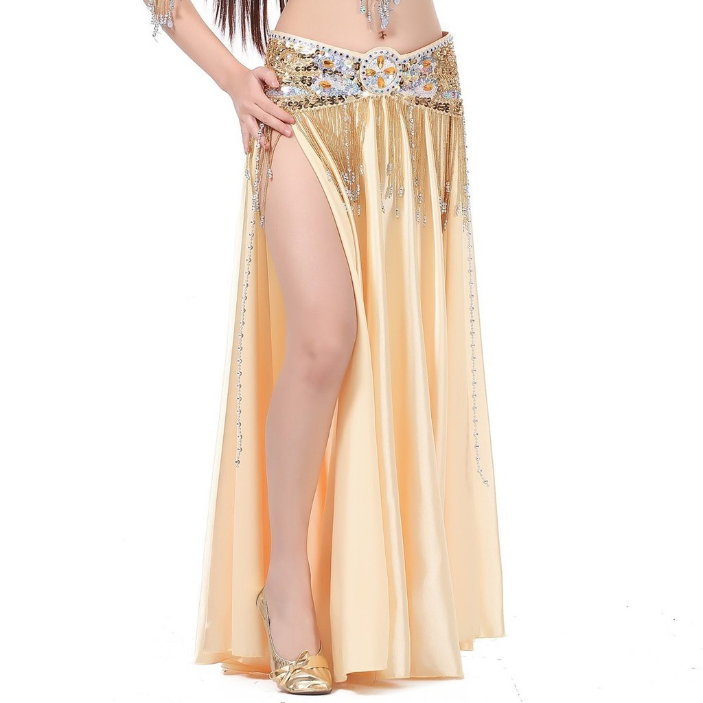 Double Slit Satin Skirt Belly Dance Swing Skirt Dance dress Belly Dance Stage Performance Skirt Colo
