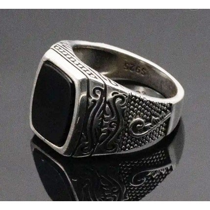 Cincin - Cincin Pria Natural Black Onyx Ori Perak 925 Disain Relief Turkey