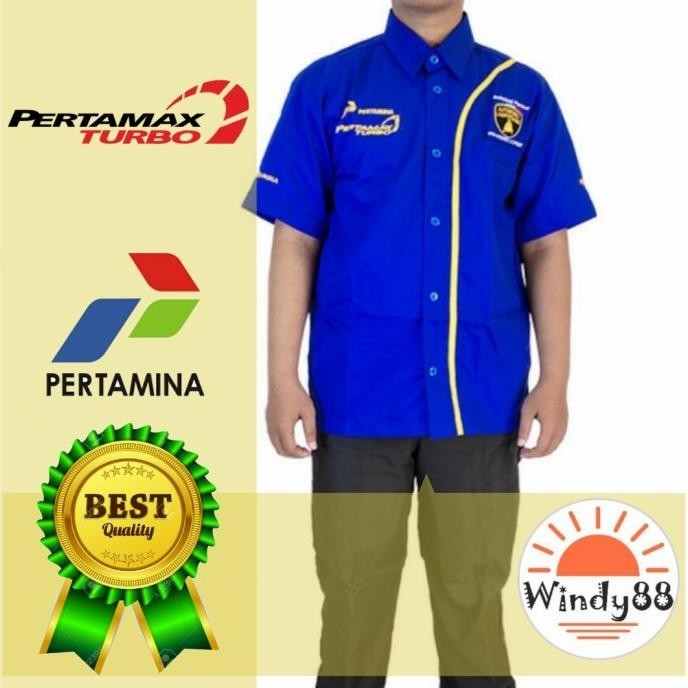 Seragam Pertamax Turbo Warna Biru Pakaian SPBU Baju Kemeja Pertamina