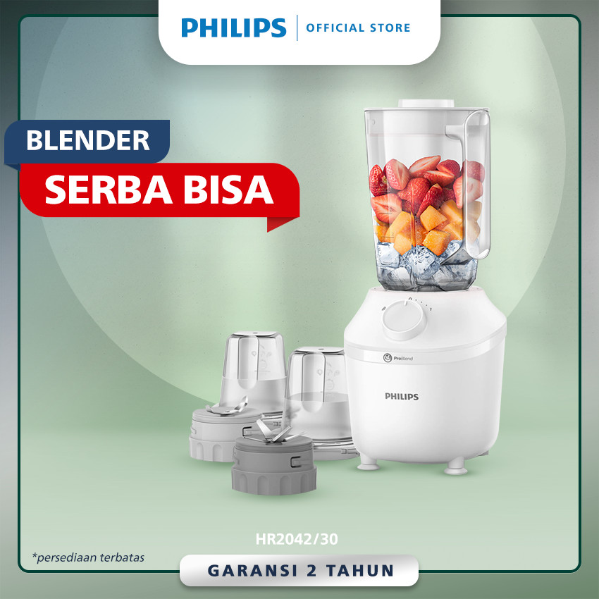 Philips Blender 3000 series HR2042/30 – Jar Plastik 1L - Aksesoris Serba Bisa - Dry Mill- Chopper -Problend System - Mudah dibersihkan -  Putih