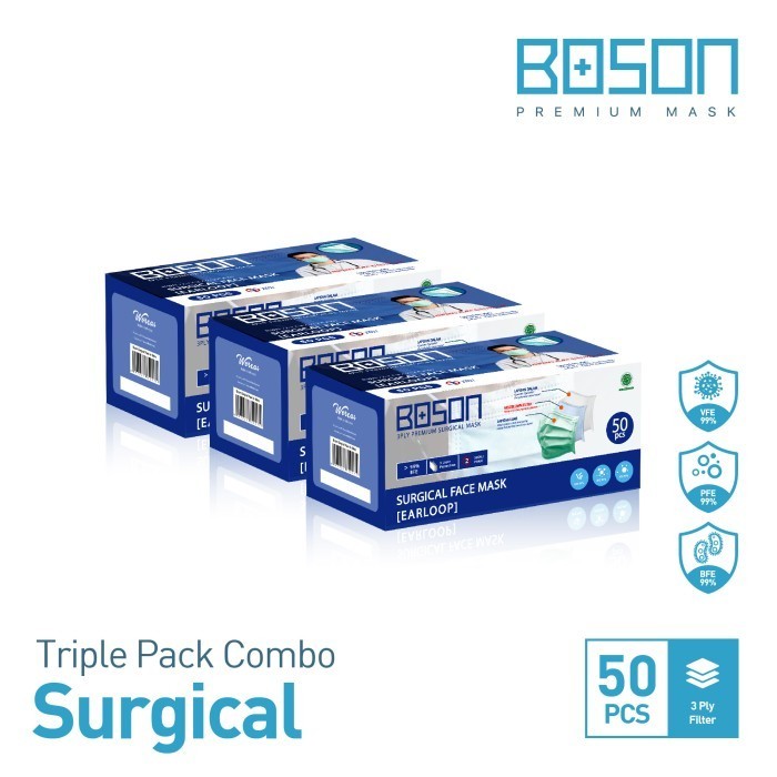 Boson Surgical Mask Earloop 3Ply Masker Medis Isi 50 Pcs - Triple Pack