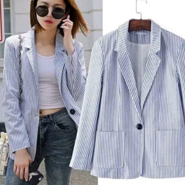 READY katun salur stripe garis garis biru wanita baju outer blazer casual