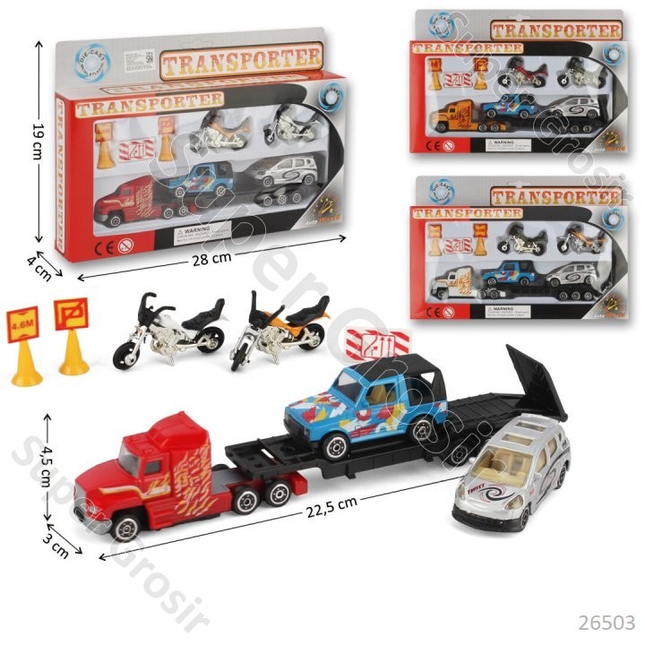 Mainan Anak Mainan Mobil Truk Towing Truk Trailer Muat 23 cm+ Mobil+ Sepeda Motor Transporter
