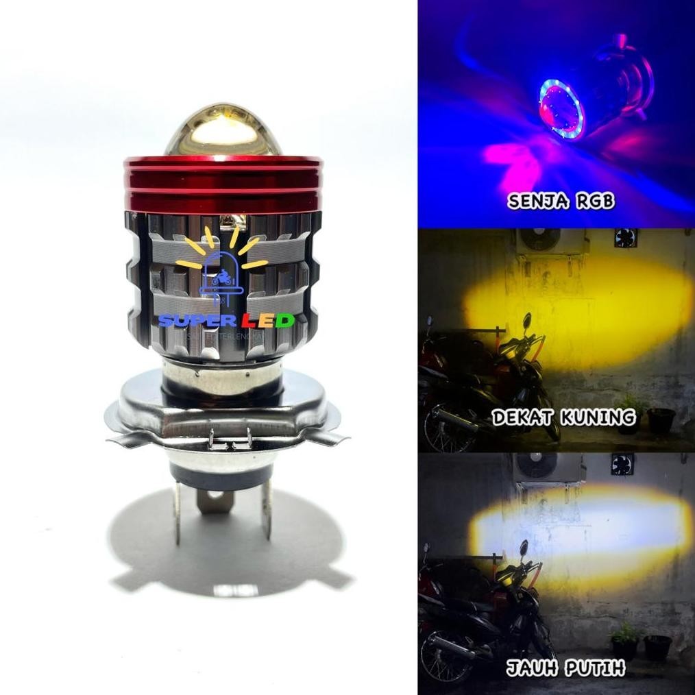 (AKSESORIS MOTOR) Lampu Depan Bohlam Led H4 Laser Hi/Low 26 Watt Steel Gun Canon Laser Nyala 4 Mode 