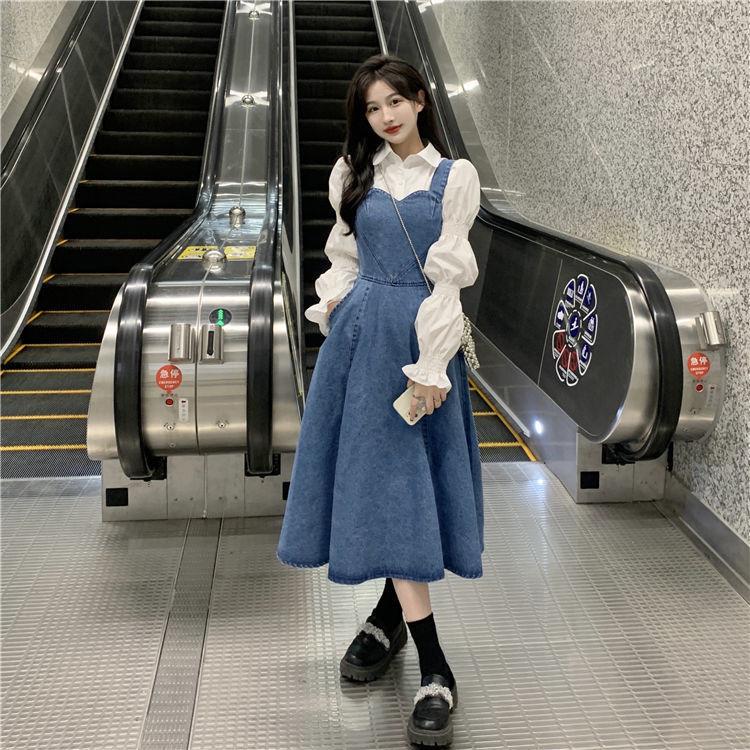 Rok denim biru dan setelan kemeja putih/rok tali ikat denim/Rok denim ala Korea/gaun biru