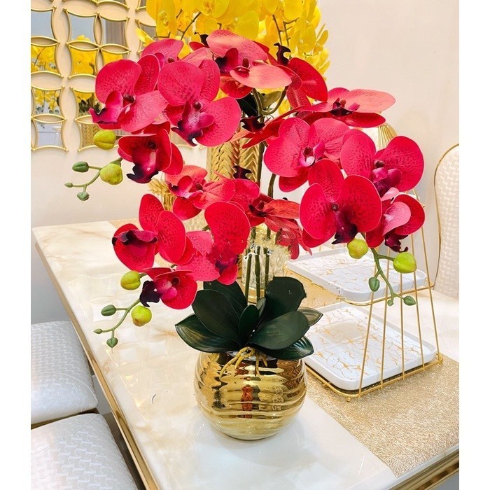 ANGGREK LATEX PREMIUM ARTIFICIAL VAS GOLD 3 TANGKAI BUNGA HIASAN MEJA
