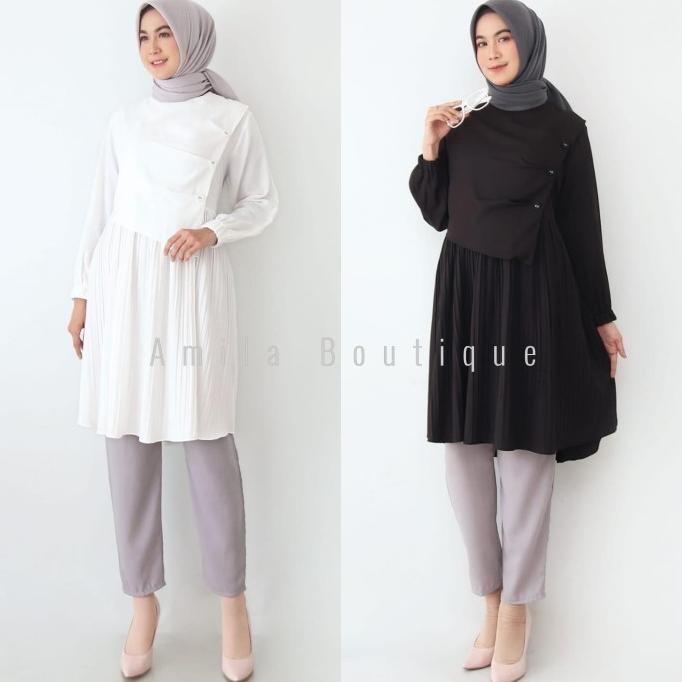 Atasan Tunik Muslim Wanita / Trish Blouse Panjang Hitam Putih Layer
