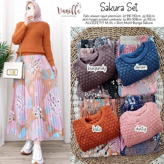 Setelan Rok Terbaru Sakura Set Blouse Rajut Dan Rok Panjang Plisket