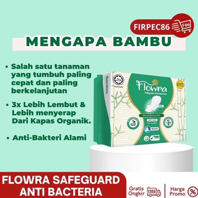 Flowra Safeguard Night 320 mm, Pembalut Serat Bambu, Anti bacterial