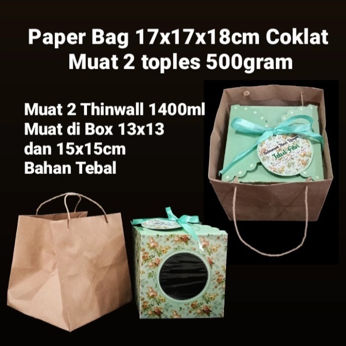 

(5 pcs) paperbag 2 toples kuker 250 gr tas tenteng hampers toples kue kering paperbag coklat polos 17x17x18 cm