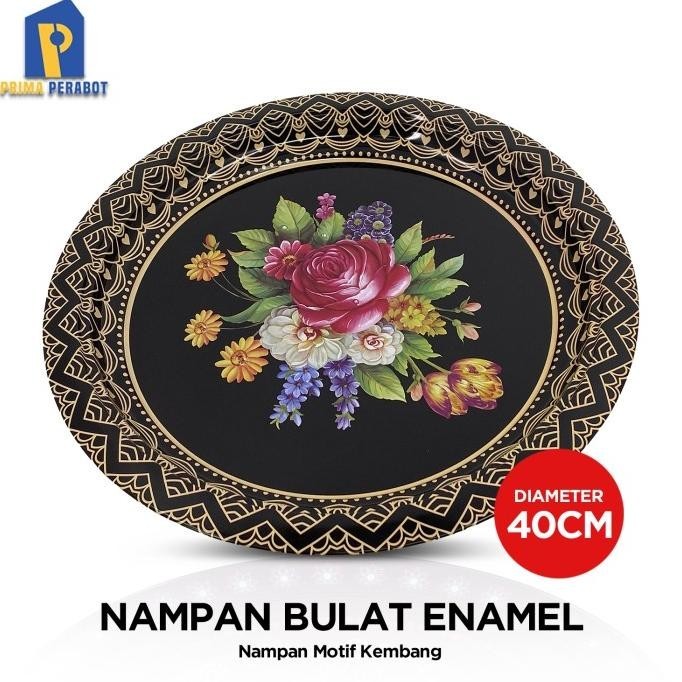 .........] Nampan Bulat |Baki Bulat Enamel Motif Kembang 40 cm