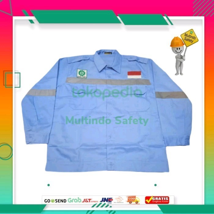 BAJU SERAGAM SAFETY LENGAN PANJANG BIRU MUDA PLUS LOGO