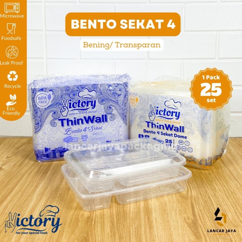 [25 Pcs] Thinwall Bento Sekat 4 3 Victory Flat Star Kotak Makan Plastik Catering Kemasan Take Away