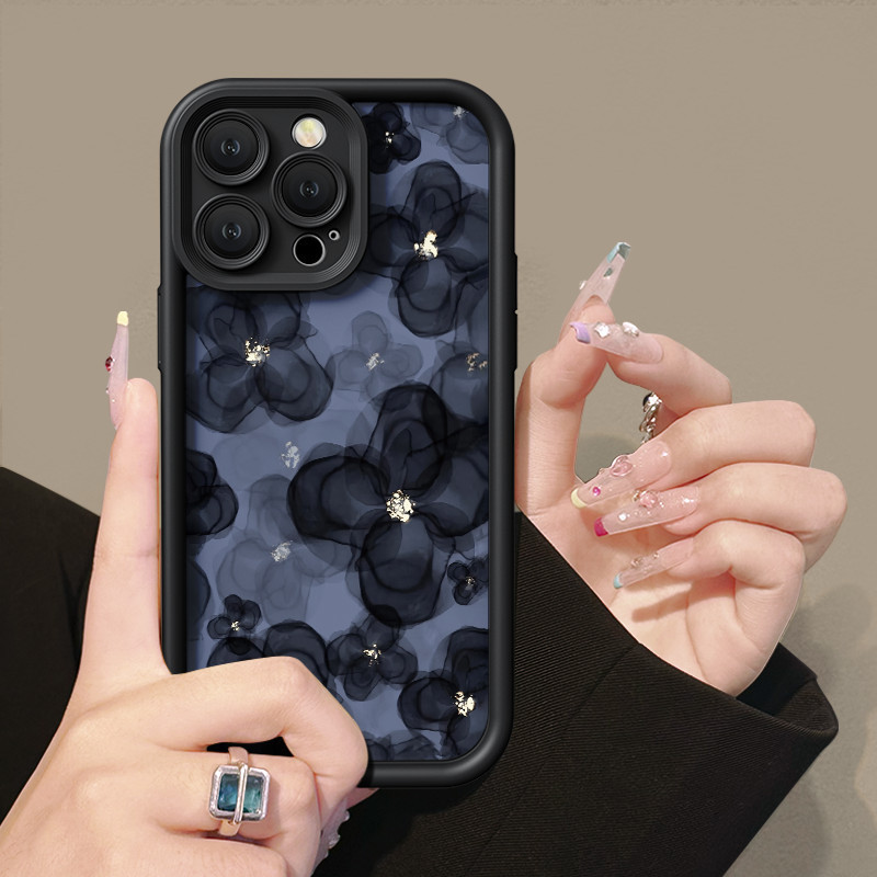 Black and blue flowers Case For OPPO A15 A16 For A57 A17 A52 A53 A54 A5 A18 A38 Soft Case For A7 A78 A58 A74 A78 A9 A76 A1 A94 Casing For RENO4 5 6 7 8T 7z F9 Pro Fullcover Case cesing f a55 hp 2020 8 4g a95 a92 kesing 5f 4 a5s a17k a98 reno softcase 5g