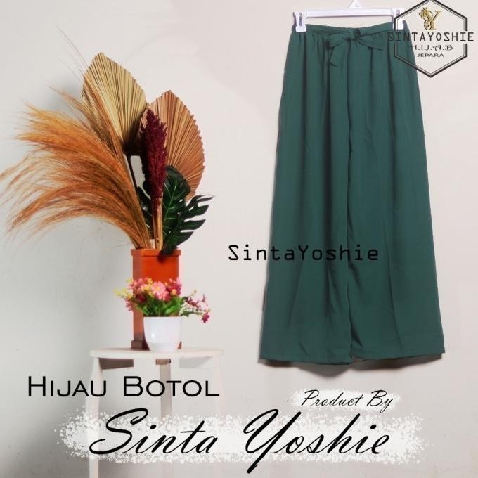 Big Sale Celana Panjang Wanita Kulot Wolfis Ribbon Pants Celana Highwaist - Hijau Botol 