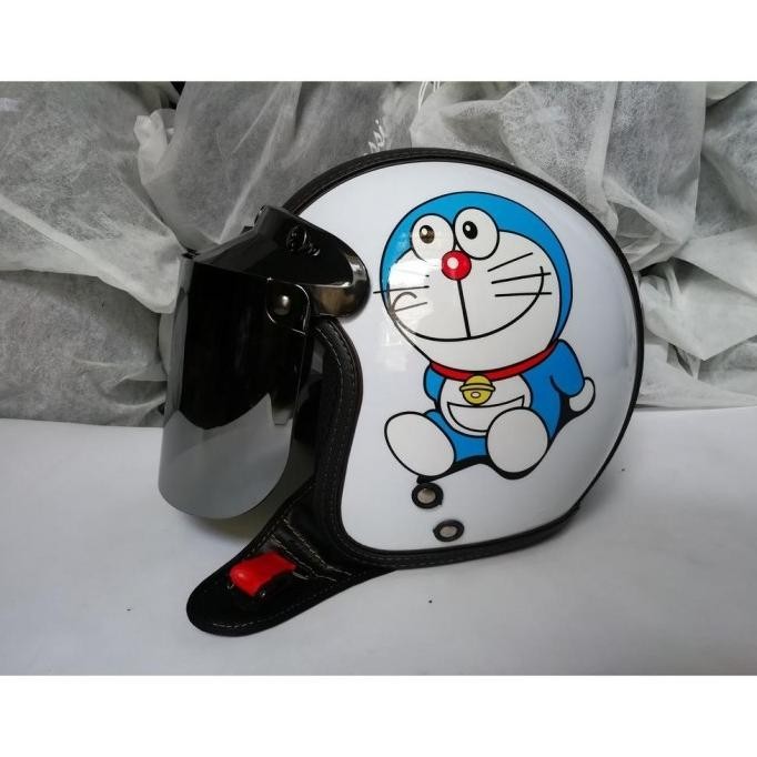 Helm Bogo Doraemon Putih Semikulit Dewasa Kaca Datar Silver Jinanstyle