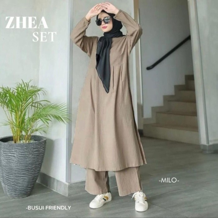 Setelan Muslim Wanita Terbaru Long Tunik One Set Celana Bahan Katun