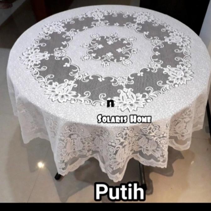 Taplak Meja Makan Bulat Bundar Besar 150Cm Kain Renda Putih Halus
